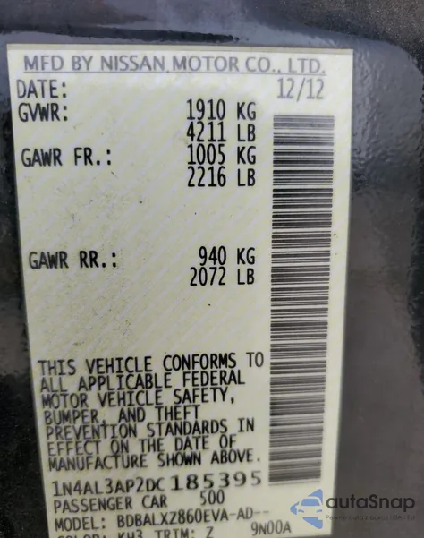 2013 Nissan Altima 2.5 from USA, damaged, VIN 1N4AL3AP2DC185395